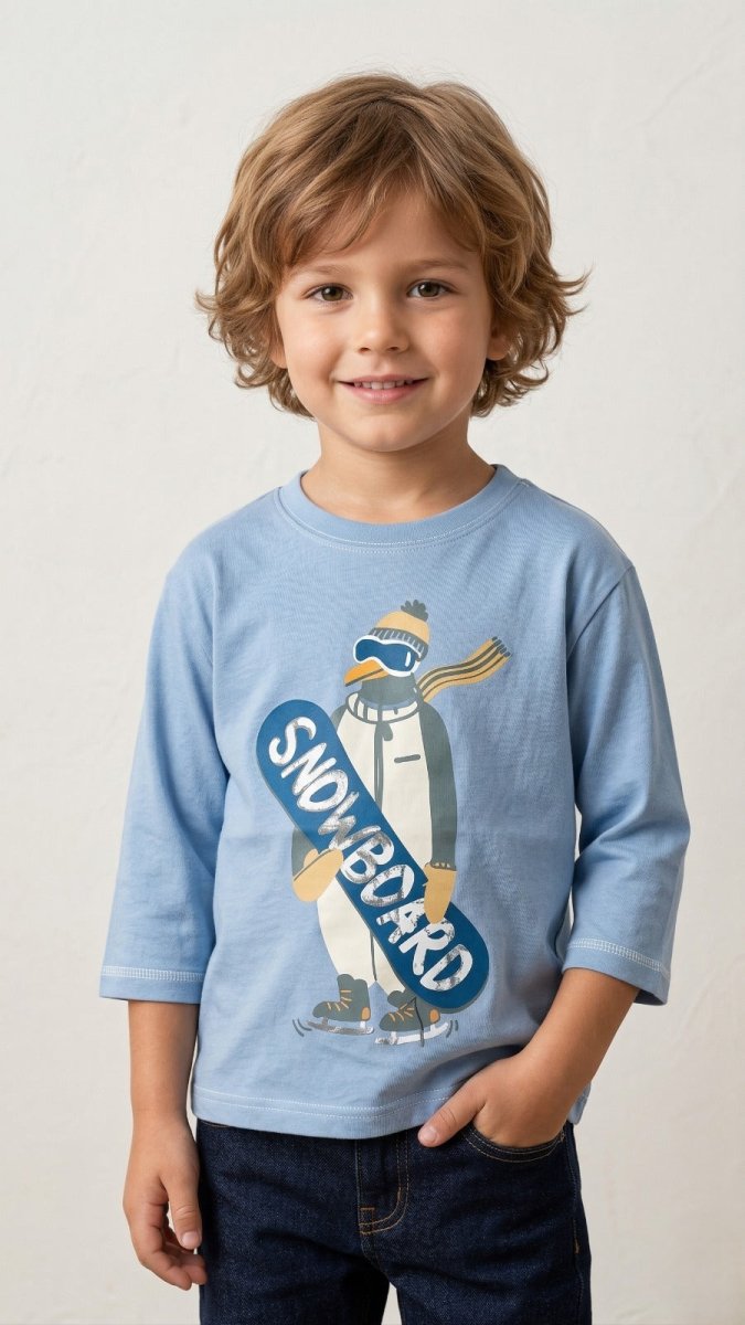 Blue with Pengiune and Snowboard (BG-000438) - boy tshirt
