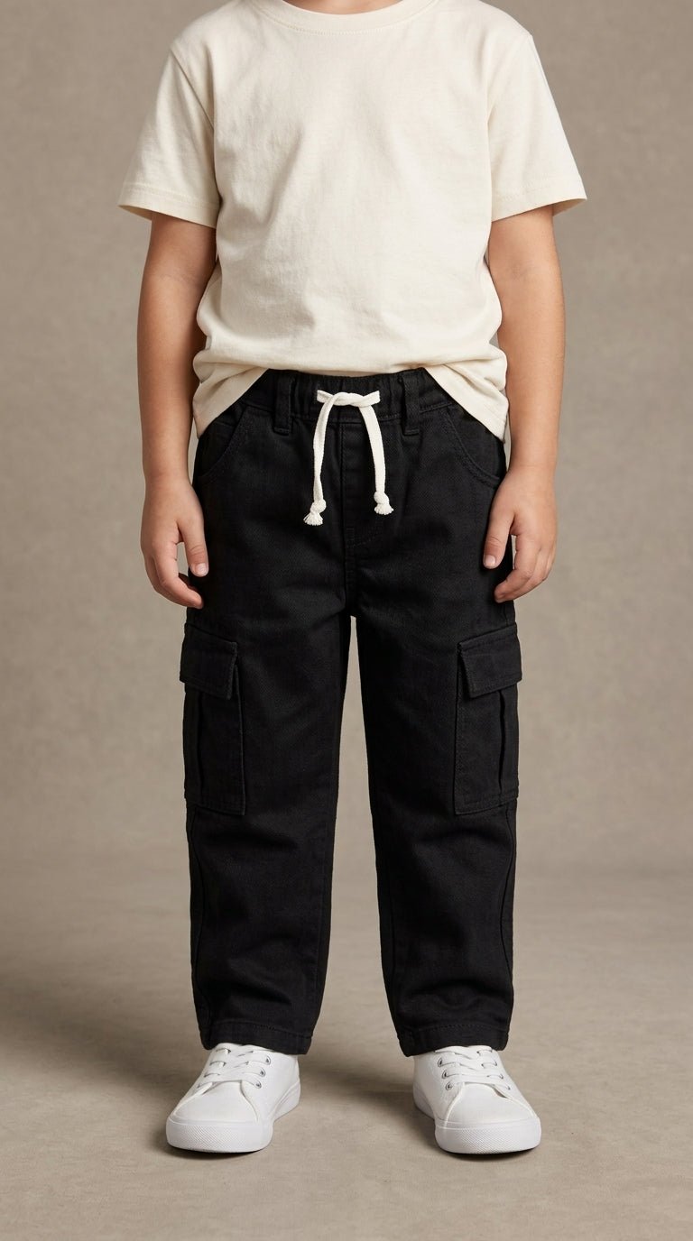 Boys Black Casual Drawstring Cargo Trousers with Pockets (BG-000940)