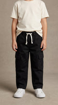 Boys Black Casual Drawstring Cargo Trousers with Pockets (BG-000940)