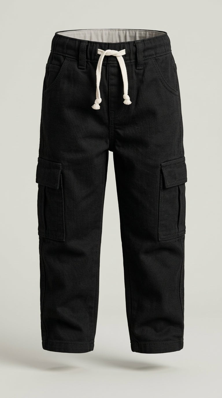 Boys Black Casual Drawstring Cargo Trousers with Pockets (BG-000940)