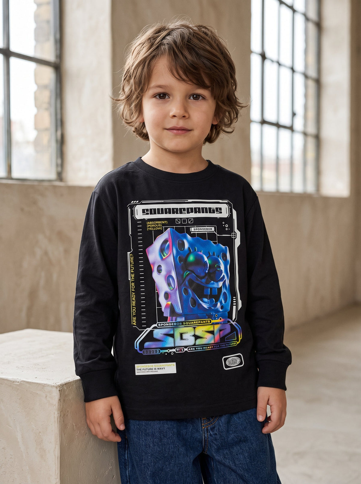 Boys Black SpongeBob SquarePants Graphic Long-Sleeve T-Shirt (BG-000976)