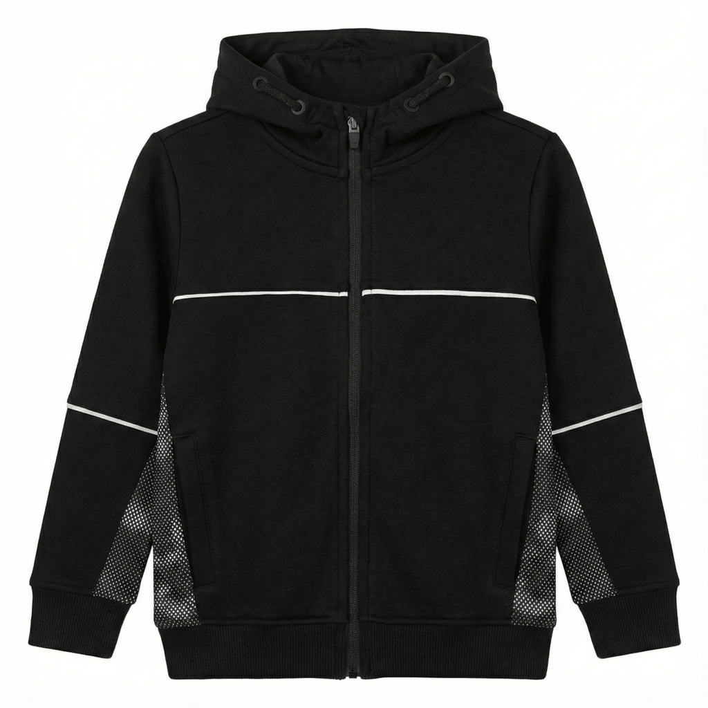 Boys Black Sport Fleece Hoodie with Mesh Side Panels Short/Clean: Black Activewear Zip-Up with White Trim (BG-000080)