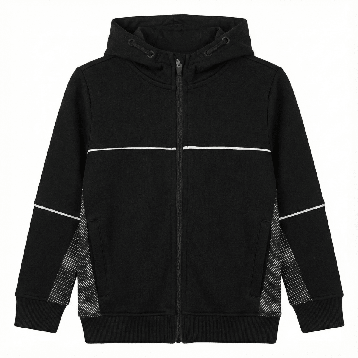 Boys Black Sport Fleece Hoodie with Mesh Side Panels Short/Clean: Black Activewear Zip-Up with White Trim (BG-000080)