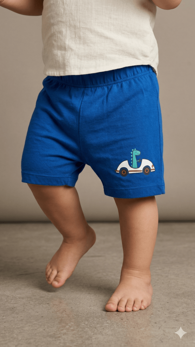 Boys Blue Dino Racing Car Jersey Shorts - (BG-000494) - nikkers