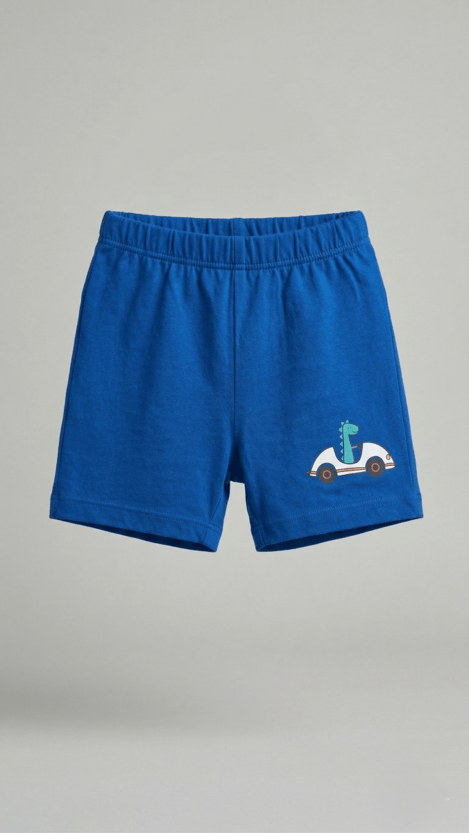 Boys Blue Dino Racing Car Jersey Shorts - (BG-000494) - nikkers