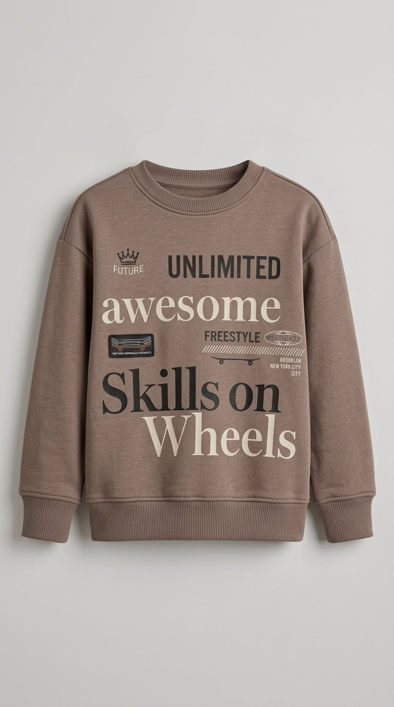 Boys Brown Sweatshirt - "Awesome Skills on Wheels" Skater Typography (BG-000045)