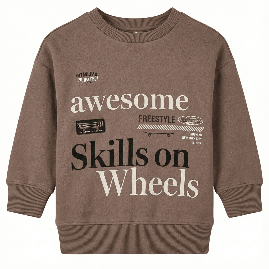 Boys Brown Sweatshirt - "Awesome Skills on Wheels" Skater Typography (BG-000045)