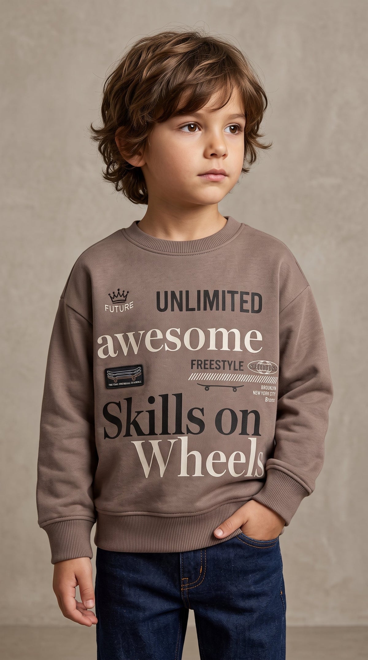Boys Brown Sweatshirt - "Awesome Skills on Wheels" Skater Typography (BG-000045)