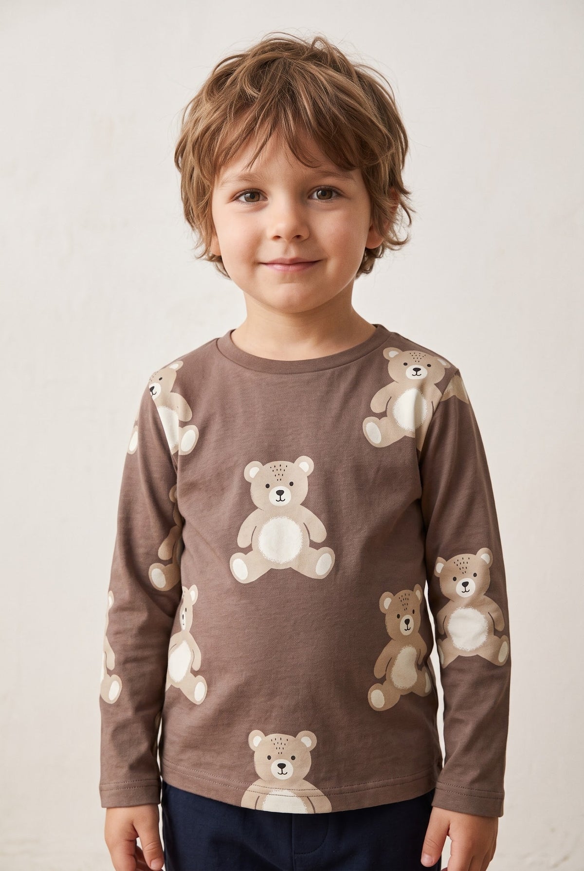 Boys Brown Teddy Bear Print Long Sleeve T-Shirt (BG-000921)