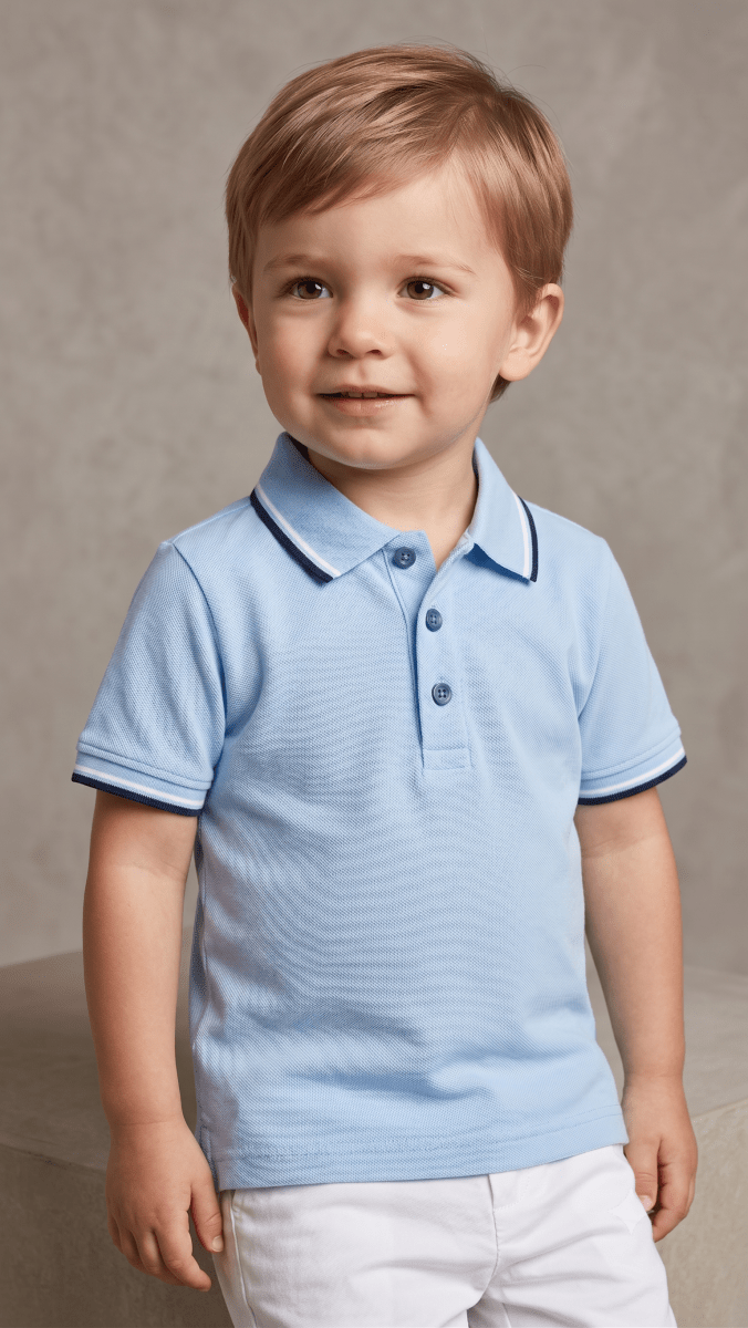 Boys' Classic Short Sleeve Polo Shirt with Striped Collar - Light Blue (BG-000845) - polo