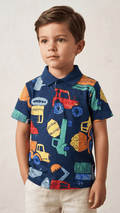 Boys' Construction Vehicle All-Over Print Polo Shirt - Navy Multi (BG-000843) - polo