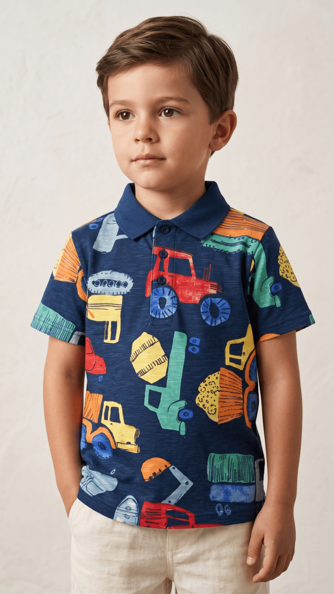 Boys' Construction Vehicle All-Over Print Polo Shirt - Navy Multi (BG-000843) - polo