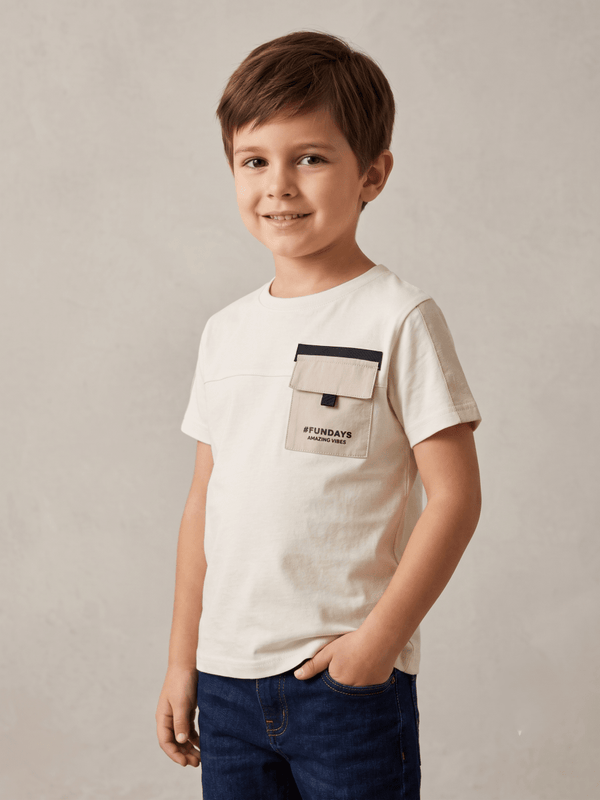 Boys' "Fundays" Colorblock Chest Pocket T-Shirt - Cream/Tan (BG-000763) - boy tshirt