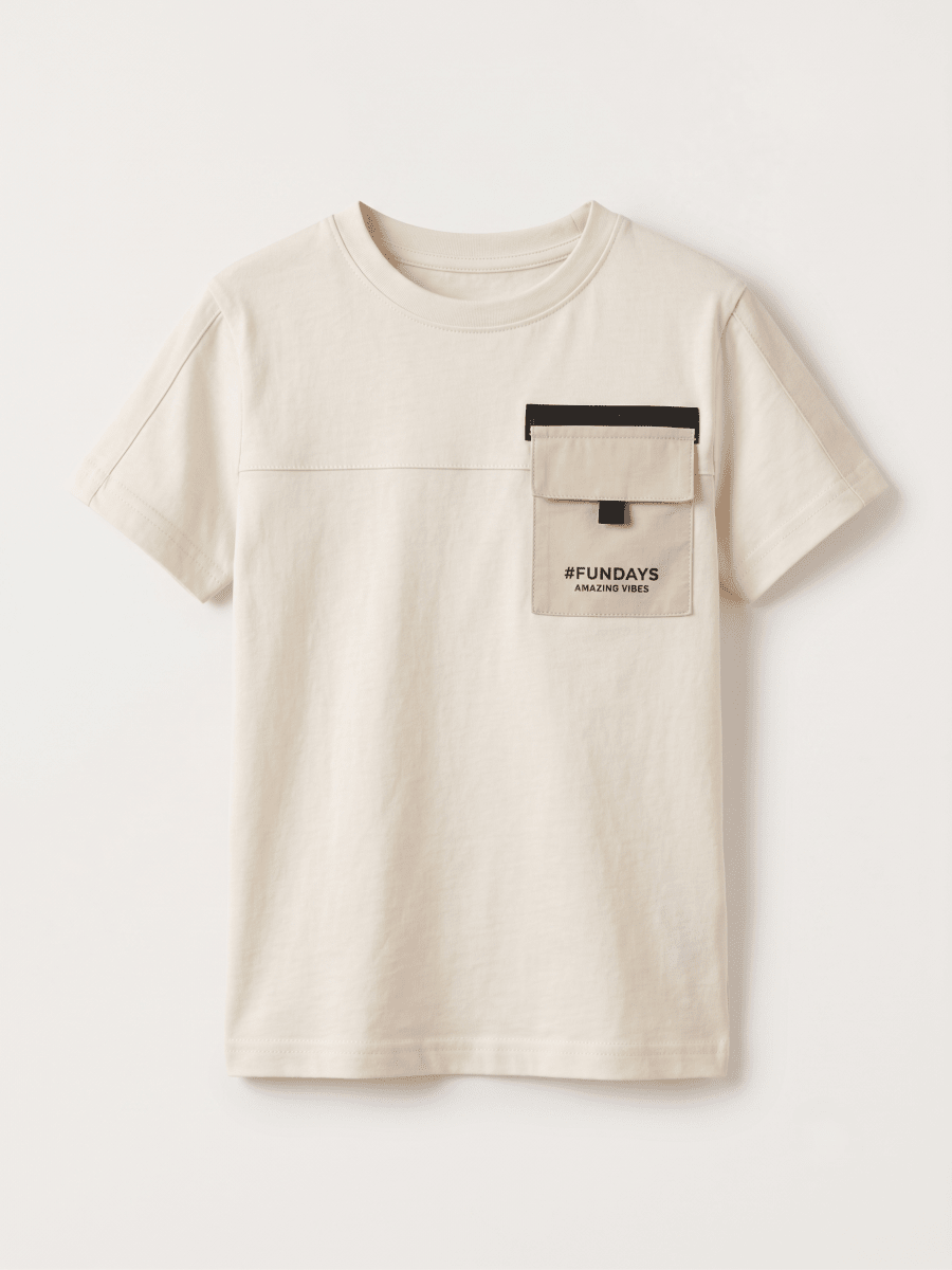 Boys' "Fundays" Colorblock Chest Pocket T-Shirt - Cream/Tan (BG-000763) - boy tshirt