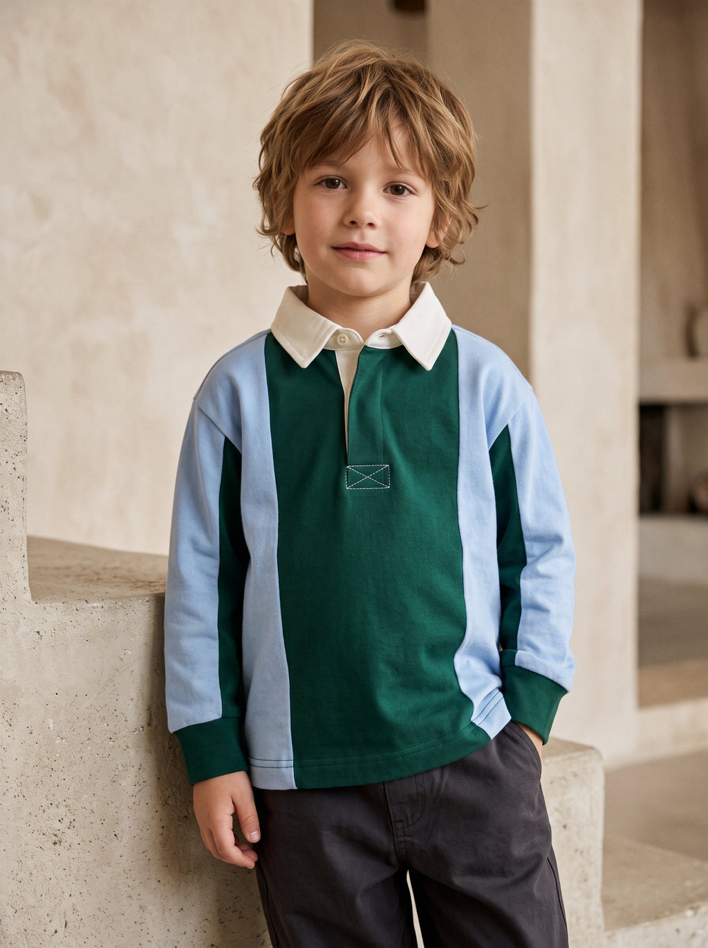 Boys Green and Blue Color-Block Rugby Polo (BG-000986)