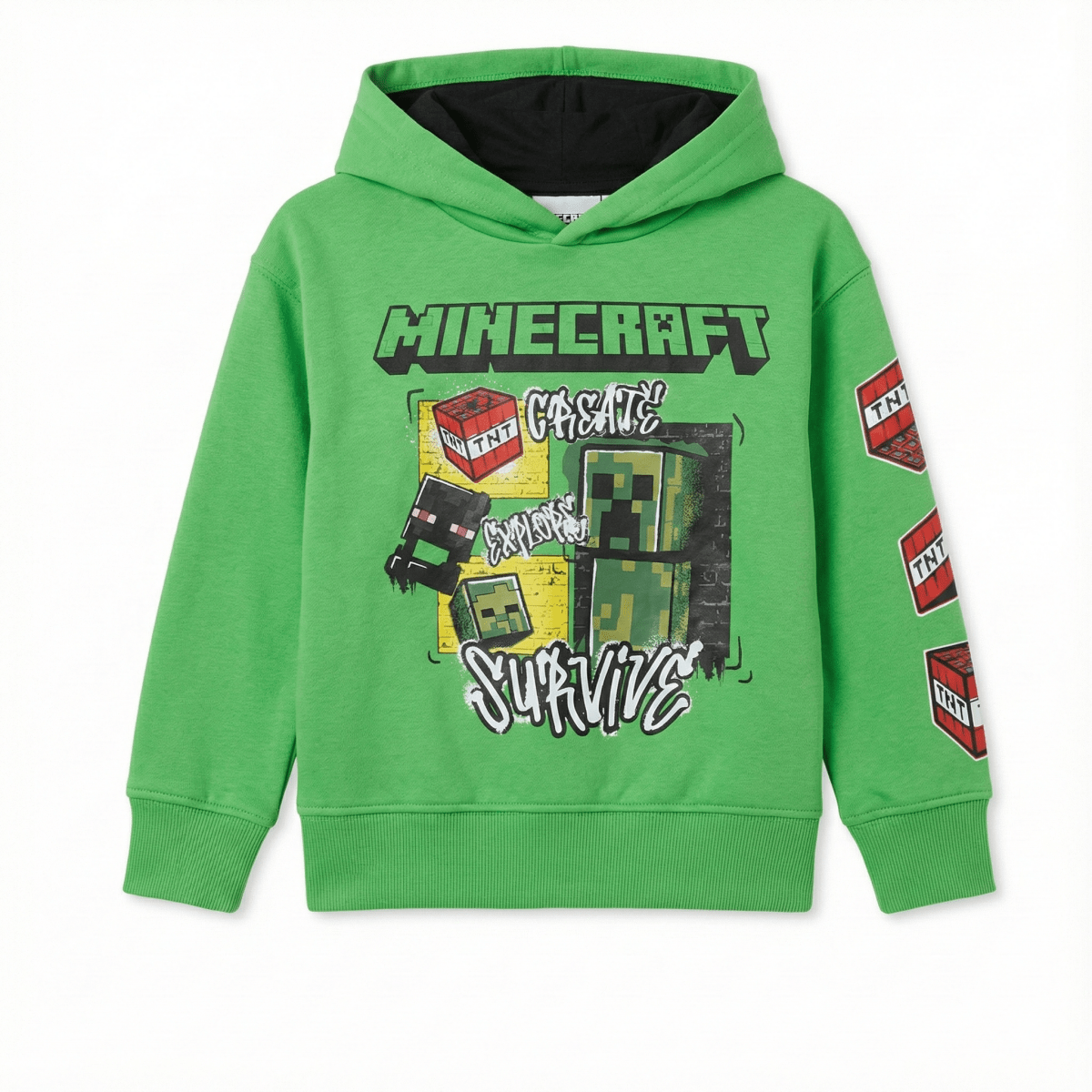 Boys Green Minecraft Gamer Hoodie with Sleeve Graphics Short/Clean: Official Style Minecraft Creeper Green Hoodie (BG-000082)