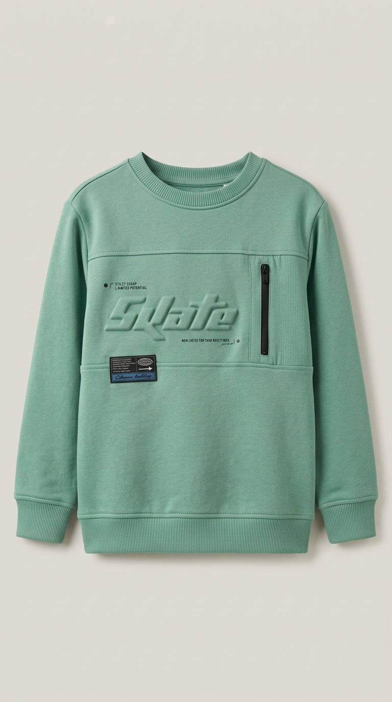 Boys Green Streetwear Sweatshirt - Embossed "Skate" Text & Zipper Pocket (BG-000037)