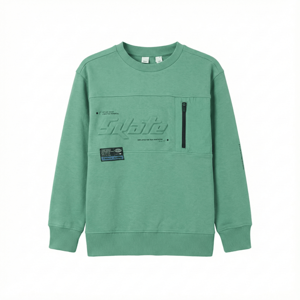 Boys Green Streetwear Sweatshirt - Embossed "Skate" Text & Zipper Pocket (BG-000037)