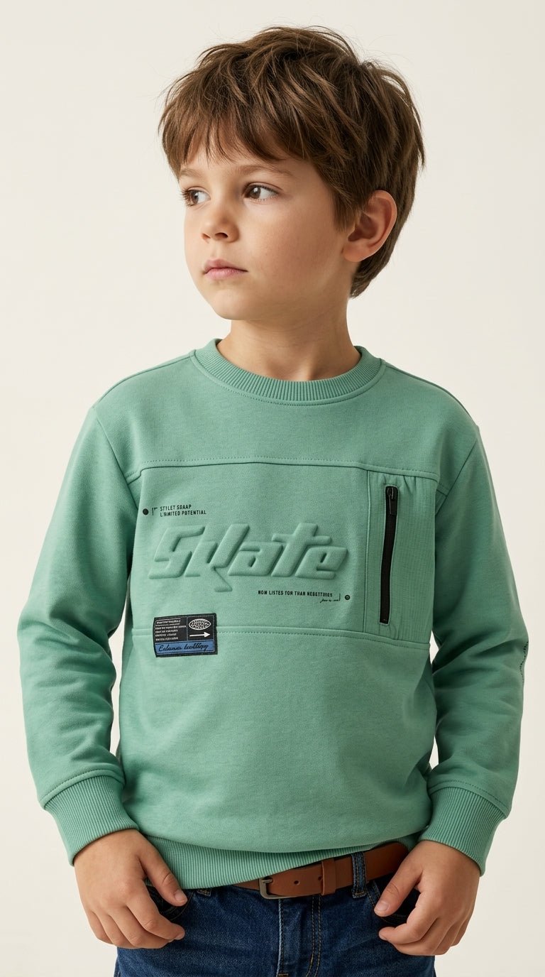 Boys Green Streetwear Sweatshirt - Embossed "Skate" Text & Zipper Pocket (BG-000037)