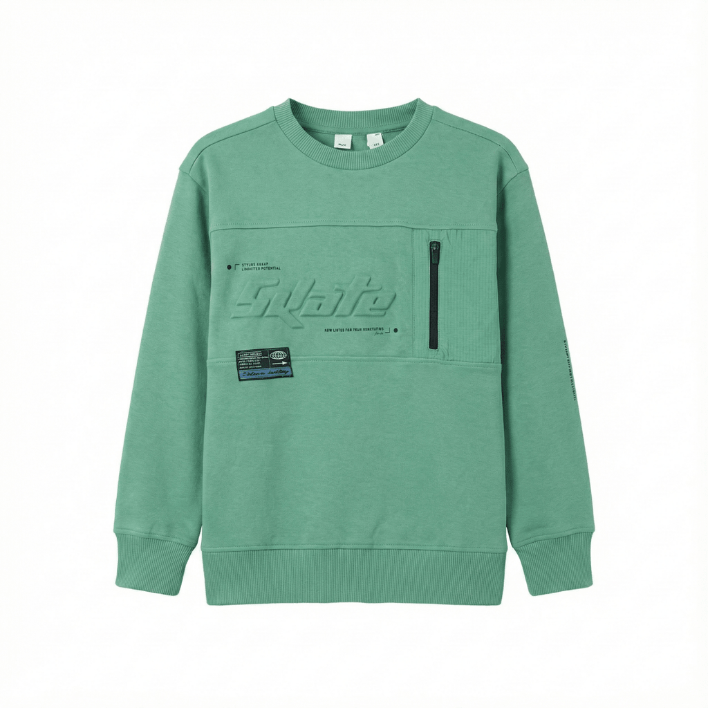 Boys Green Streetwear Sweatshirt - Embossed "Skate" Text & Zipper Pocket (BG-000037)