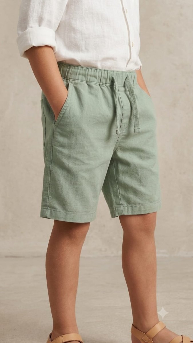 Boys Green Woven Paper Cotton Shorts Lightweight Casual Wear Neutral Color (BG-000556)