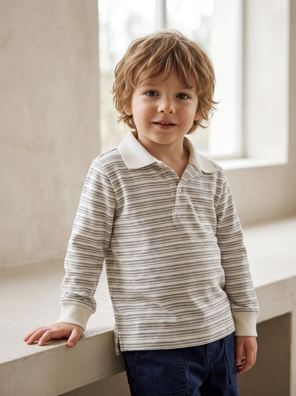 Boys Grey and White Striped Long-Sleeve Polo Shirt (BG-000982)