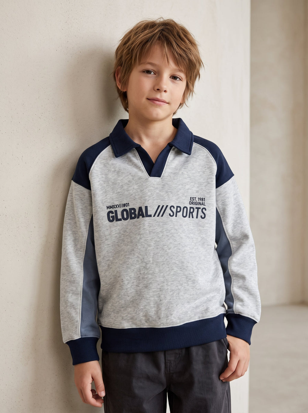 Boys Grey "Global Sports" V-Neck Sweatshirt Polo (BG-000984)