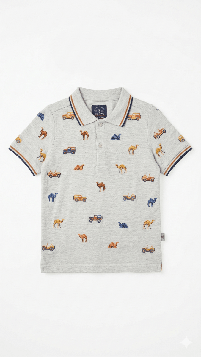 Boys Grey Polo shirt with Camels & Off-Road Vehicles (BG-000411) - polo