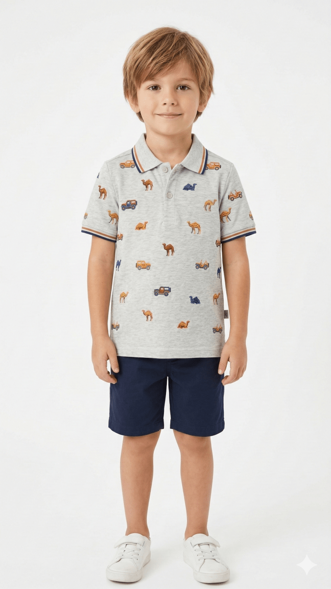 Boys Grey Polo shirt with Camels & Off-Road Vehicles (BG-000411) - polo