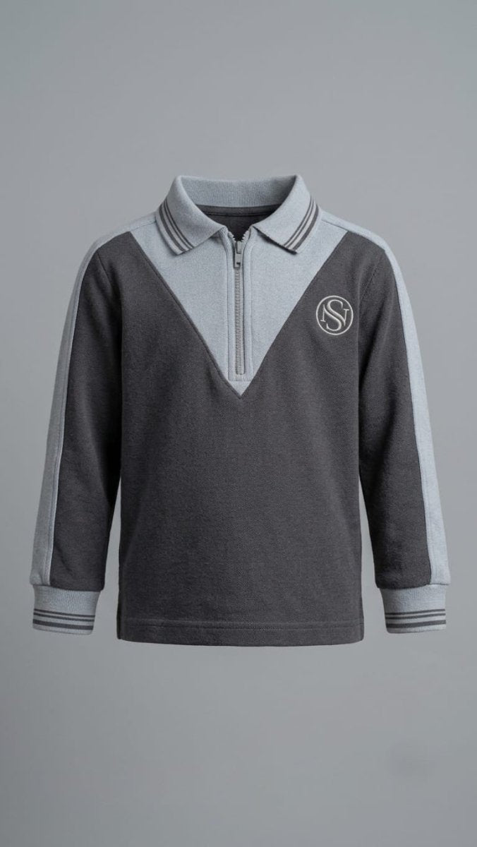 Boys Grey V-Panel Zip-Up Polo Shirt with Crest (BG-000889)