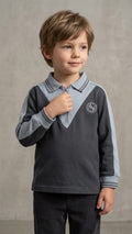 Boys Grey V-Panel Zip-Up Polo Shirt with Crest (BG-000889)