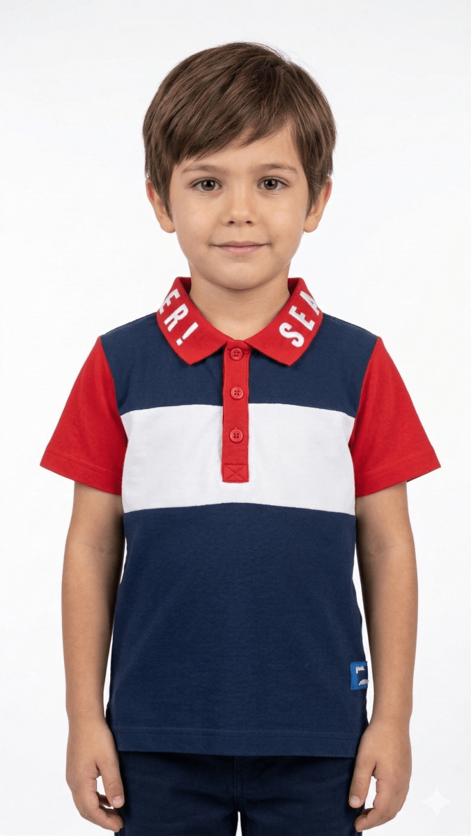 Boys Knit Polo Shirt with Red White & Navy Blue Design (BG-000407)