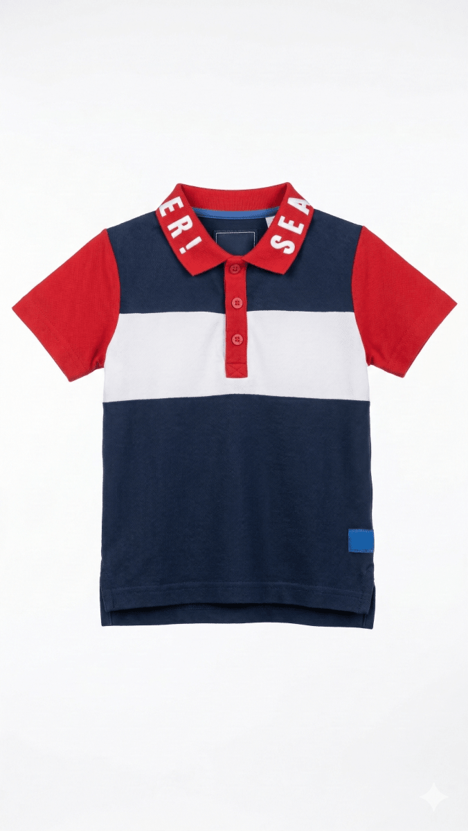 Boys Knit Polo Shirt with Red White & Navy Blue Design (BG-000407)
