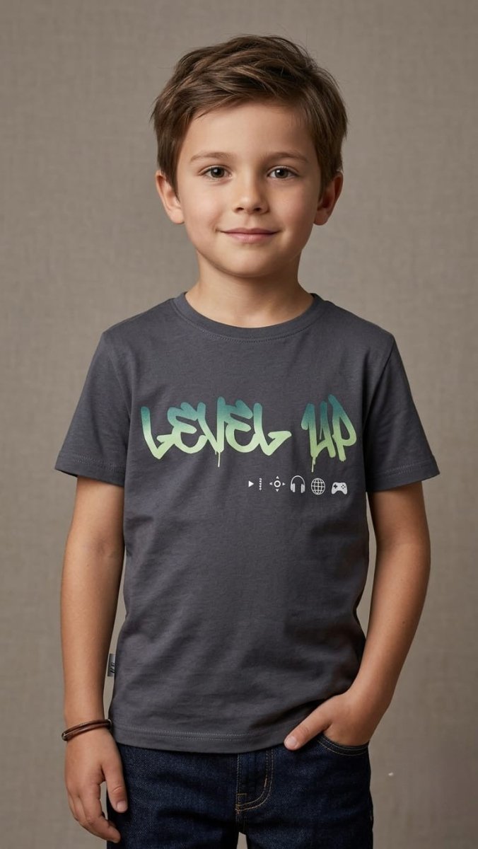 Boys' "Level Up" Graffiti Gamer Graphic T-Shirt - Charcoal Grey (BG-000481)