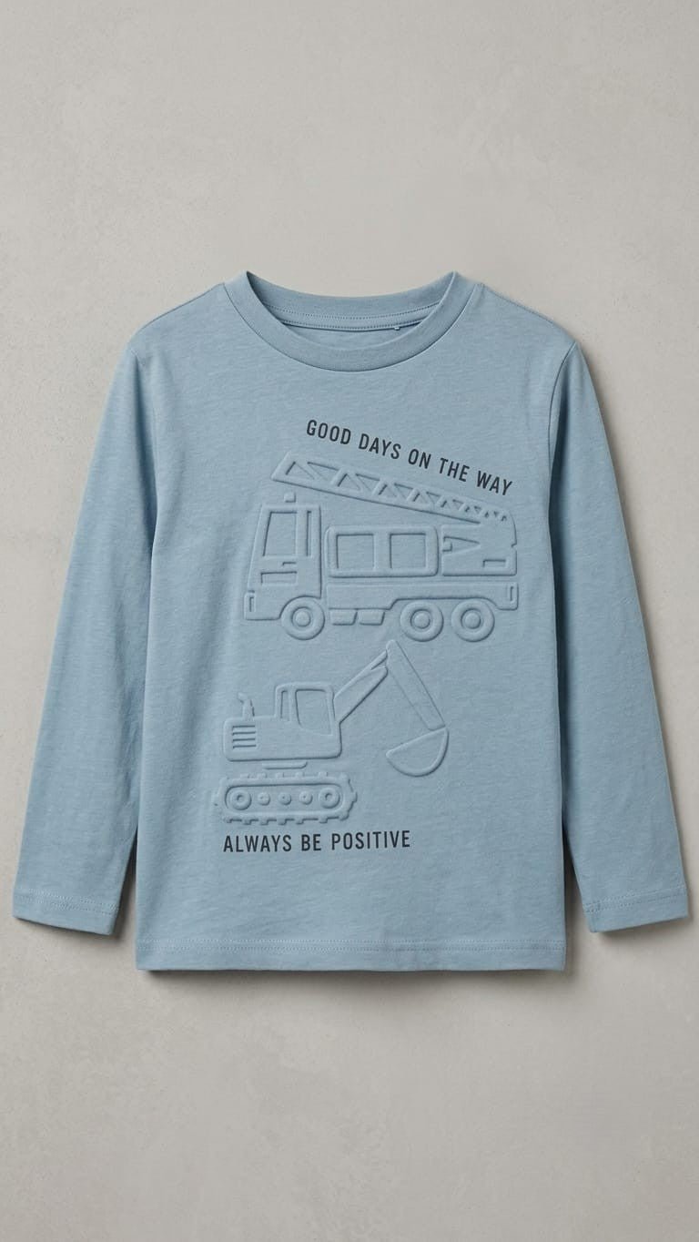 Boys Light Blue Embossed Truck Graphic Long Sleeve T-Shirt (BG-000880)