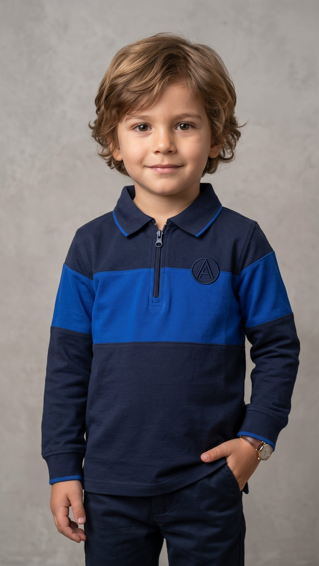 Boys Navy and Royal Blue Color-Block Zip Polo Shirt (BG-000968)