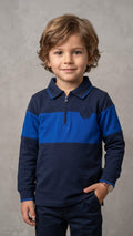 Boys Navy and Royal Blue Color-Block Zip Polo Shirt (BG-000968)