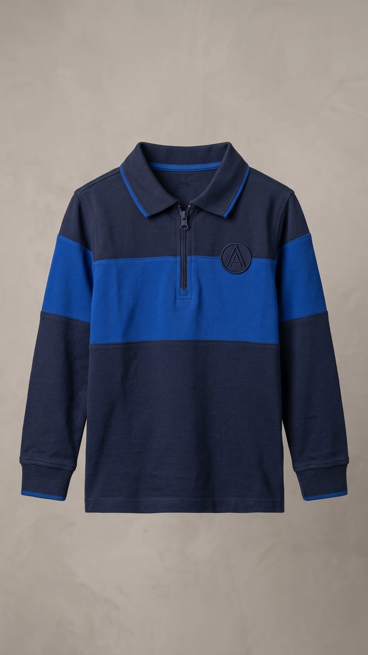 Boys Navy and Royal Blue Color-Block Zip Polo Shirt (BG-000968)