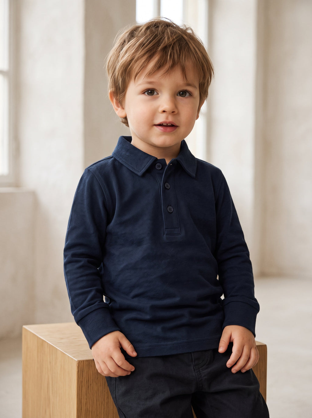 Boys Navy Blue Classic Long-Sleeve Polo Shirt (BG-000981)