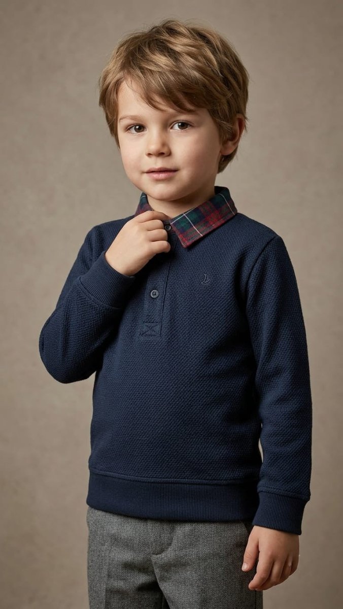 Boys Navy Blue Long-Sleeve Polo with Plaid Collar (BG-000881)
