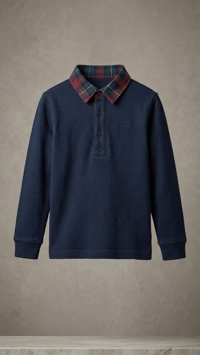 Boys Navy Blue Long-Sleeve Polo with Plaid Collar (BG-000881)