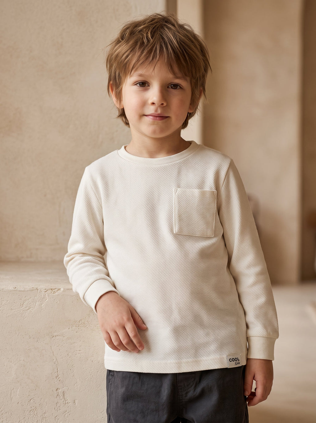 Boys Off-White Waffle-Knit Pocket Long-Sleeve T-Shirt Cool Kids (BG-000979)