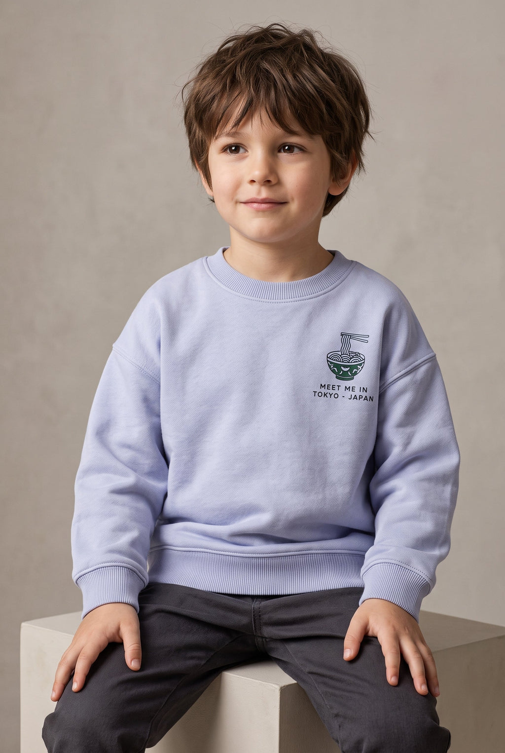 Boys Periwinkle Blue "Meet Me In Tokyo" Ramen Sweatshirt - Short Body Down Shoulder (BG-001002)