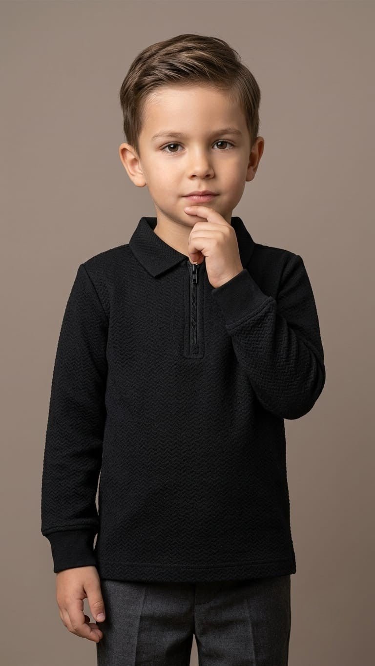 Boys Premium Black Textured Zip-Up Polo Shirt (BG-000876)