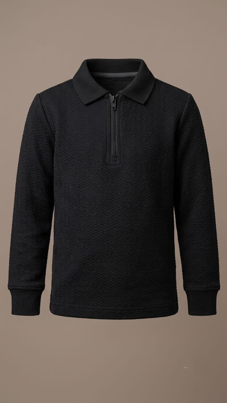 Boys Premium Black Textured Zip-Up Polo Shirt (BG-000876)