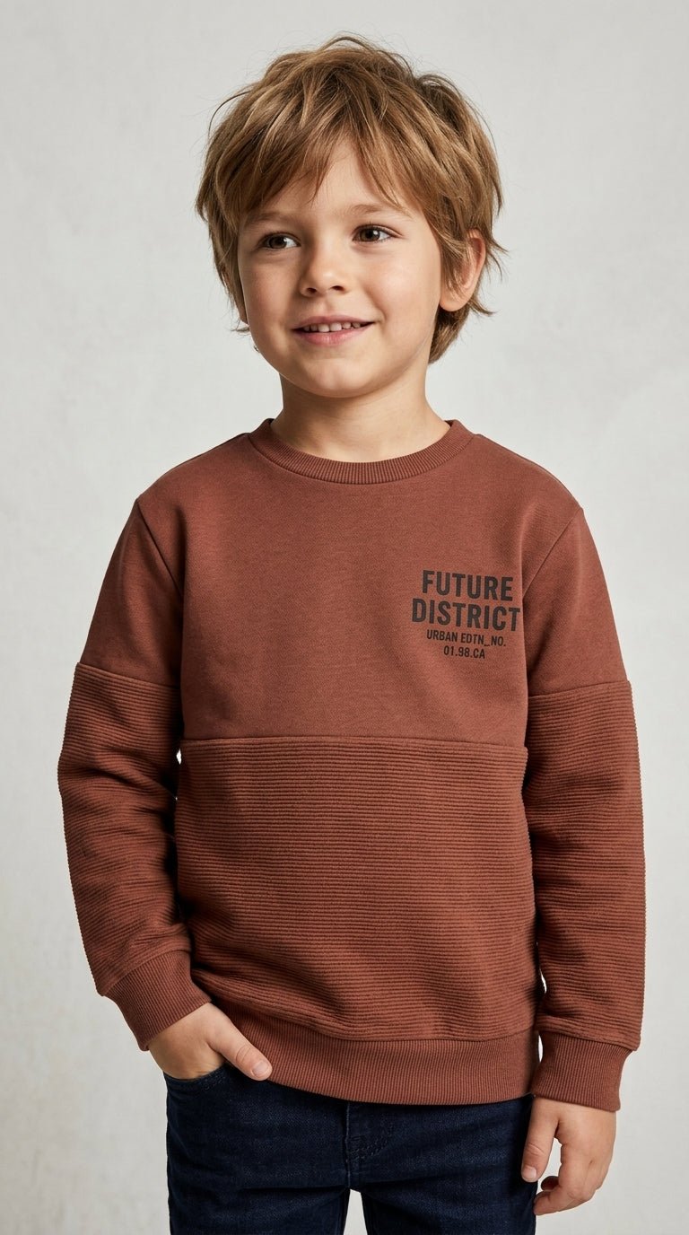 Boys Rust Brown Sweatshirt - Textured Panel & "Future District" Text (BG-000043)