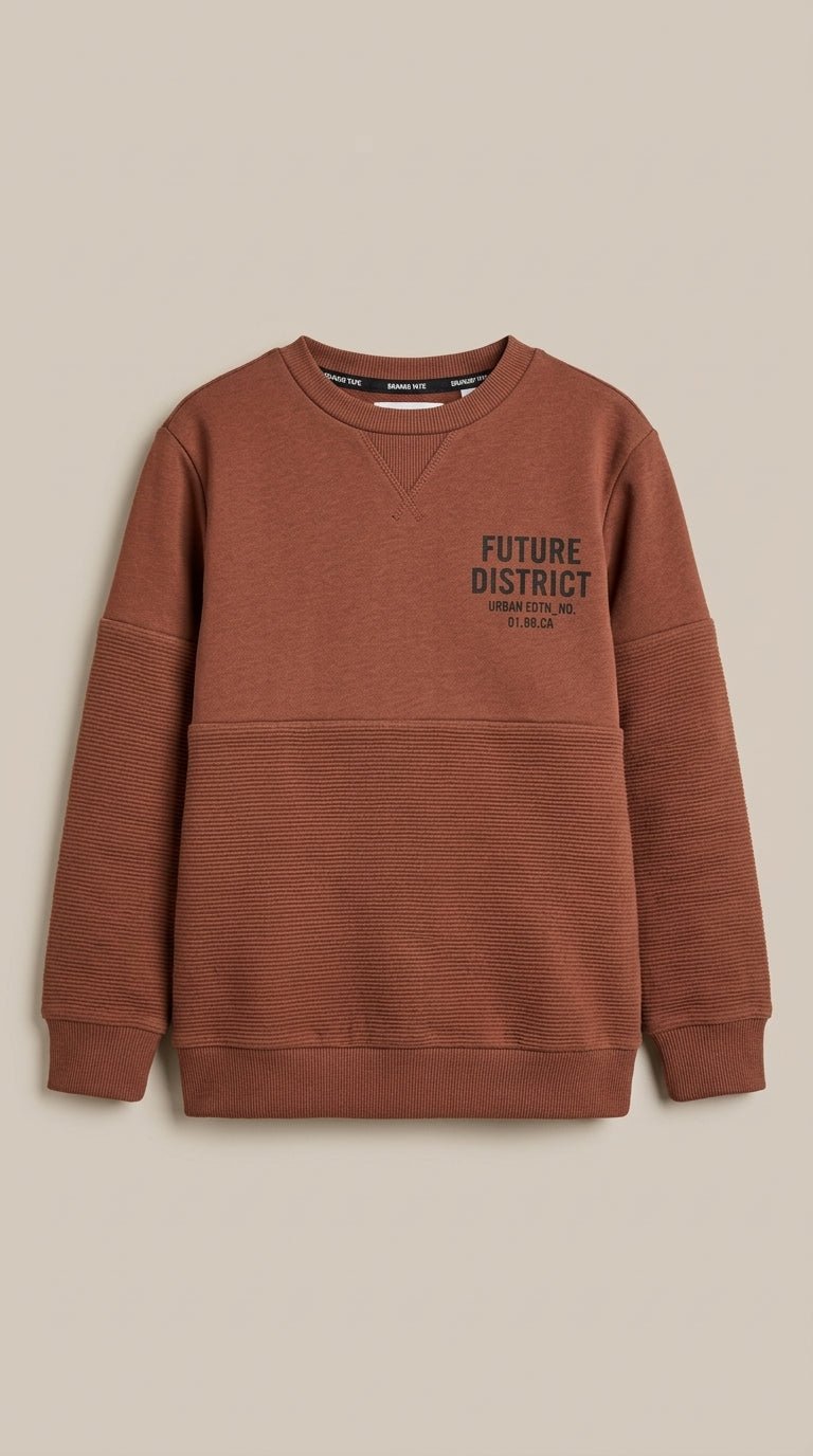 Boys Rust Brown Sweatshirt - Textured Panel & "Future District" Text (BG-000043)