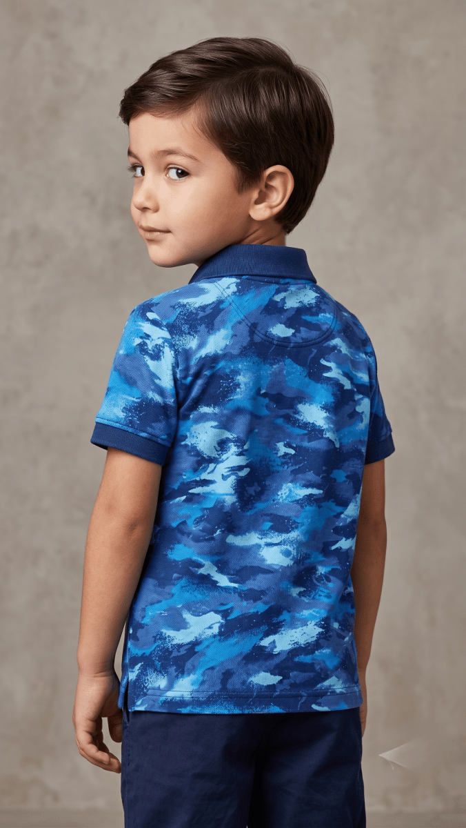 Boys' Short Sleeve Polo Shirt with Blue Camo Side Panels - Navy (BG-000842) - polo