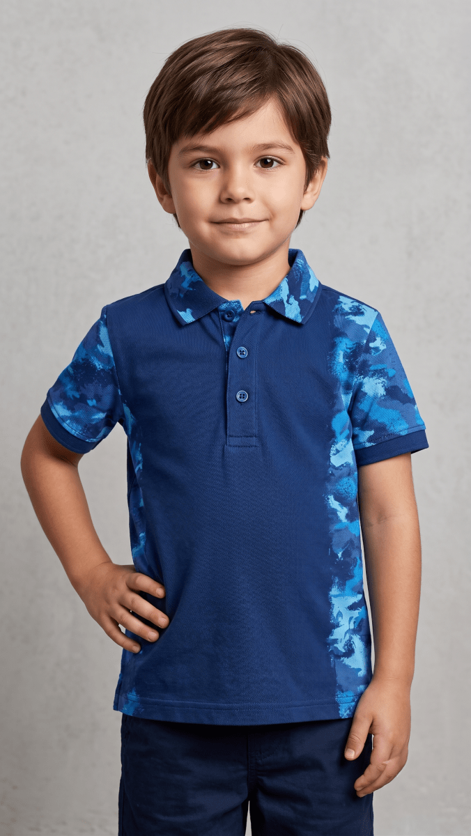 Boys' Short Sleeve Polo Shirt with Blue Camo Side Panels - Navy (BG-000842) - polo
