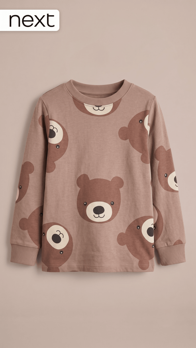Boys Taupe Brown Bear Face Print Long Sleeve T-Shirt (BG-000918)